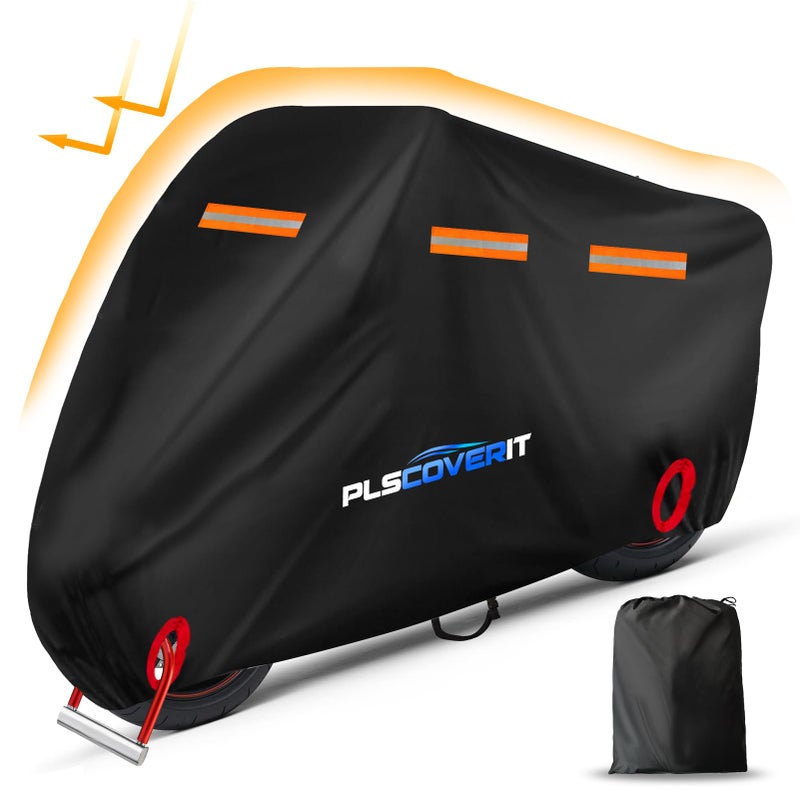 Plscoverit Motorcycle Cover, 600D Heavy Duty Waterproof Motorbike Cover, Dustproof Motorcycles Vehicle Cover Scooter Shelter Protection with Reflective Strips & Storage Bag 97.5"" x 41"" x 50"" - Image 1